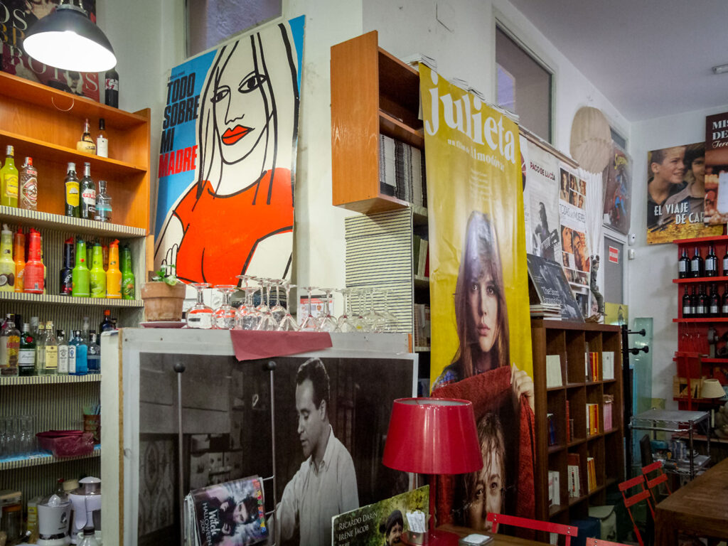 In the Ocho Y Medio film cafe in Madrid, you can find posters and props from Pedro Almodóvar's films.