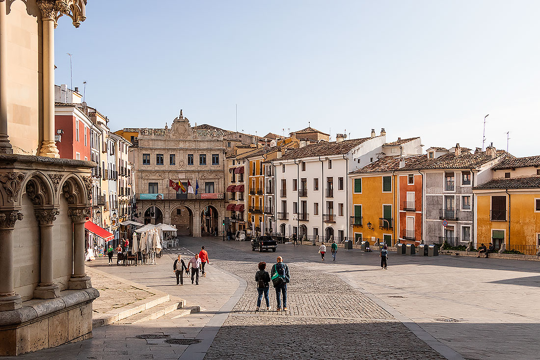 Plaza Mayor in Cuenca with its colorful houses and cafes.